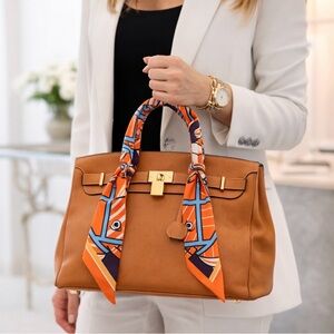 ORANGE BLUE GOLD WHITE EQUESTRIAN HORSE SKINNY SCARF HANDBAG HANDLE WRAP TIE